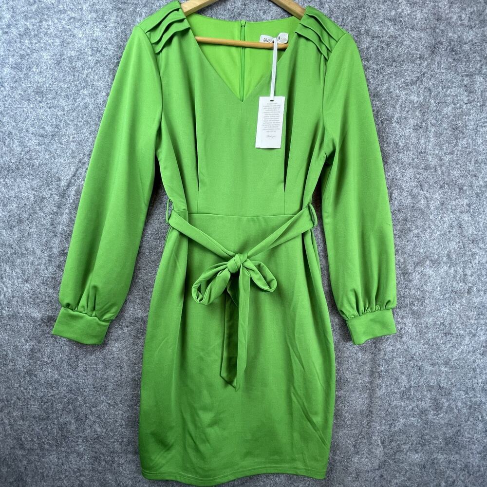 Grace Karin Dress Large‎ Green Belted Mod Retro Career Chic Dopamine 60s Glam